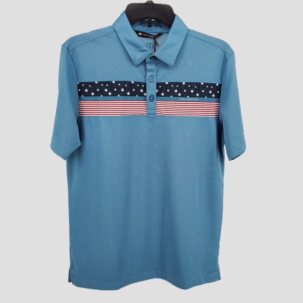 Travis Mathew Good Patriot Polo Shirt Mens Small Blue‎ Red White Stars Stripes